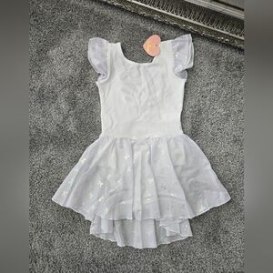 MdnMd Bow Print Girls Ruffle Sleeve Ballet Dance Dress Tutu Skirted Leotard. Whi